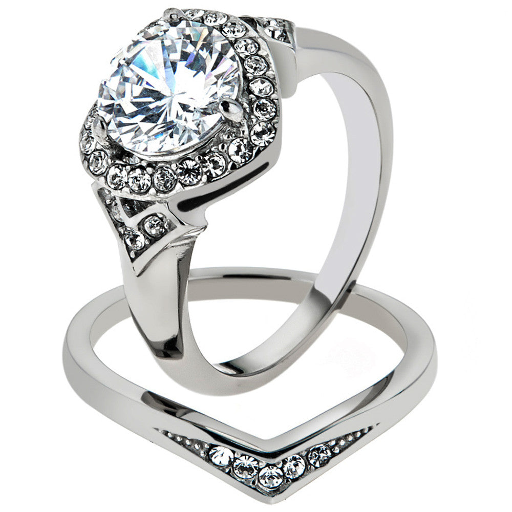 2.75 CT. ROUND CUT CZ HALO HEART STAINLESS STEEL WEDDING RING SET WOMENS SZ 5-10